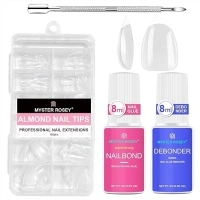 Nail Art Kit with Glue, Nail Polish Remover, and Short Almond Nails Tips 120pcs, 4 in One Nail Bond Debonder Fake Nails Stainless Steel Stick