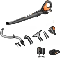 Worx 20V Cordless Leaf Blower WG545.1, Up to 120 MPH Air Speed, Long Nozzle Design for Narrow Spaces, Ideal for Indoor and Outdoor Cleaning, 9X Cleaning Attachments, Battery and Charger Included