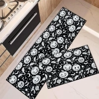 Arttown Halloween Kitchen Rugs and Mats Non Skid Washable Set of 2, Cute Ghost Pumpkin Bat Kitchen Mats for Floor, Black White Kitchen Runner Rug, Cartoon Kitchen Decor