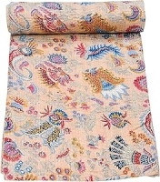 Marubhumi Indian Hand Stitched Pure Cotton Mukut Print Kantha Quilt Kantha Blanket (Skin Cream, Queen (90"x 108"))