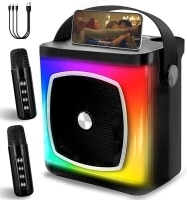 LZSIG Karaoke Machine with 2 Wireless Microphones for Kids Adults, Portable Bluetooth Speaker with Colorful Lights, Perfect for Party, Camping, Festival (Black)