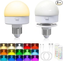 Cadrim Rechargeable Light Bulb, Battery Operated Emergency Lamp with Remote LED Bulbs Detachable Charging Wall Sconce 3 Color, RGB, E26/E27, Timer, Dimmer, for Non-Hardwired, Power Outage, 2 Pack