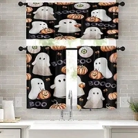 Halloween Cute Ghost Kitchen Window Curtains Valance and Tier Set 36 Inch, Vintage Watercolor Pumpkin 3 Piece Window Treatment Tiers for Living Room Bedroom Kitchen Decor Drapes