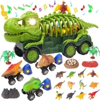 Dinosaur Truck Toys with Sound & Light - Jurassic Playset for Kids 3-5 - 12 Dinosaur Figures and 3 Catapult Cars - Halloween Monster Truck Carrier Transport Car