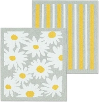 Abbott Collection 84-ASD-AB-51 Daisies & Stripes Dish Cloths. Set of 2, 6.5x8 inches L, Grey/White