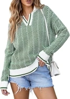 EVALESS Womens Lapel V Neck Color Block Striped Sweaters Drop Shoulder Long Sleeve Pullover Tops