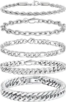 5pcs Chain Bracelets for Men Women - Stainless Steel Curb Width Rope Figaro Cuban Link Chain Bracelets Set Silver Bracelet for Men 7.5/8/8.3 Inches