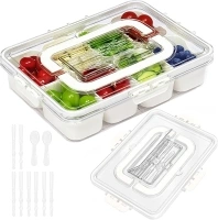 Snack Serving Tray with Cutlery Storage, Divided Serving Tray with Lid and Handle-Portable Snackle Box Container Fruit,Veggie Tray (8 Forks, 2 Scoop)