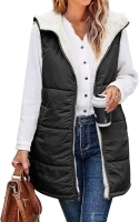 XIEERDUO Long Puffer Vest Women Outerwear Reversible Fleece 2024 Fall Winter Warm Sleeveless Zip Up Hoodie Coat with Pockets