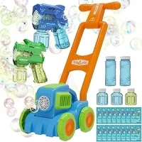 3 Set Bubble Lawn Mower + 2 Bubble Gun Double Fun Bubble Machine Endless Bubbles Outdoor Push Backyard Gardening Toys for Kids Party Favors Toys with Luxury Bubble Refill Set (Green)