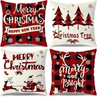 TGOOD Christmas Decorations Pillow Covers 18x18 Set of 4 Red Black Buffalo Check Plaid Pillow Cases Christmas Decor for Sofa Couch Christmas Decorations Clearance Indoor Outdoor