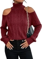 Langwyqu Womens Cold Shoulder Turtleneck Sweaters 2023 Fall Long Sleeve Soft Cable Knit Pullovers Sexy Jumper Tops