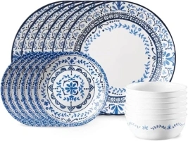 Corelle Vitrelle 18-Piece Service for 6 Dinnerware Set, Triple Layer Glass and Chip Resistant, Lightweight Round Plates and Bowls Set, Portofino