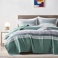 KAKIJUMN King/Cal King Quilt Bedding Set, White Grey and Green Patchwork Striped Quilt Set, 2 Pieces Soft Lightweight Bedspread Coverlet Set with 1 Pillow Sham(Green,King)