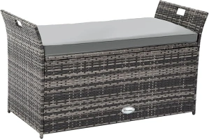 YITAHOME 90 Gallon Outdoor Wicker Storage Bench w/Cushion, Large PE Rattan Deck Storage Box w/Handles & Hydraulics for Patio Furniture, Cushions, Garden Tools, Pool & Sports Equipment, Gray