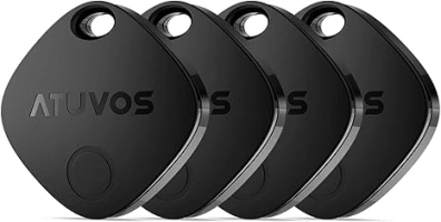 ATUVOS Luggage Tracker Tag 4 Pack, Bluetooth Tracker Works with Apple Find My (iOS Only), IP67 Waterproof, Replaceable Battery, Lost Mode, Smart Key Finder Item Locator for Bags, Keys, Suitcase; Black