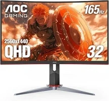 AOC CQ32G2S 32" Curved Frameless Gaming Monitor 2K QHD, 1500R Curved VA, 1ms, 165Hz, FreeSync, Height adjustable, 3-Year Zero Dead Pixel Guarantee,Black