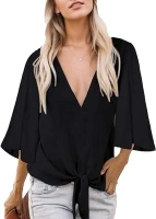 Womens Casual Tie Front Tops Floral Dolman Tops 3/4 Sleeve V Neck Loose Fitted Boho Summer Blouse Shirt