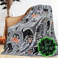 Halloween Blanket Soft Fleece Black Cat Throw Blanket Glow in The Dark Blanket Toys Decor for Kids Boys Girls Teens Birthday