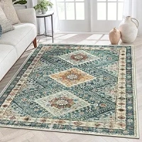 Vintage Washable Rug for Living Room, 4x6 Traditional Non Slip Area Rug, Blue Boho Soft Accent Rug Thin Non Shedding Foldable Stain Resistance Carpet for Bedroom Dining Playroom Nursery