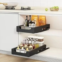 Pull out Cabinet Organizer, Sliding Drawer Organizer, Depth Adjustable(13.4"-23.8") with 2 Wheels at Bottom, No Screw/Punch, Roll Out Cabinet Storage Shelf for Kitchen Pantry, Black