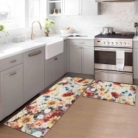 Boho Floral Kitchen Rugs Mats for Floor Bohemian Vintage Flower Kitchen Rug Washable Non Slip Comfort Standing Mat, 17"x47"+17"x30"