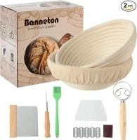 Bread Banneton Proofing Basket 9" Round Set of 2 with Sourdough Bread Baking Supplies, Bread Lame + Linen Liner + Dough Scraper + Basting Brush for Bakers Baking Banneton Basket Gift Set