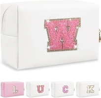 Personalized Initial Letter Patch Makeup Bag, Preppy Glitter Letter Makeup Organizer, Cute Monogrammed Pouch Cosmetic Bag PU Leather Waterproof Travel Toiletry Bag, Gift for Women Teen Girls(Letter W)