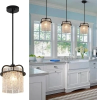 Black Pendant Lights Kitchen Island, Modern Chandeliers Hanging Pendant Light Fixtures with Water Ripple Glass, Height Adjustable Chandelier for Dining Room Bedroom Foyer