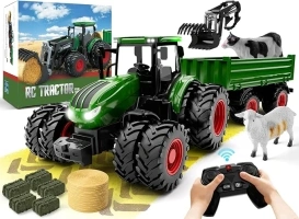 Remote Control Tractor Toy, Kids RC Tractor Set & Truck and Trailer Front Loader - Metal Car Head/8 Wheel/Light, Toddlers Farm Vehicle Toys for 3 4 5 6 7 8 9 Year Old Boys Girls Birthday Gift