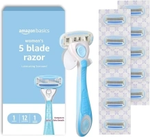 Amazon Basics 5-Blade Razor for Women, Handle, 12 Cartridges & Shower Hanger (Cartridges fit Amazon Basics Razor Handles only) 14 Piece Set, Blue