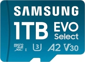 SAMSUNG EVO Select microSD Memory Card + Adapter, 1TB microSDXC, Up to 160 MB/s, UHS I, C10, U3, V30, A2, for Mobile Phone, Smartphones, Nintendo-Switch, and Tablets (MB-ME1T0SA/AM)