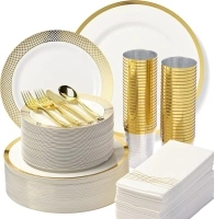 By Madee HEAVYWEIGHT Elegant Disposable Dinnerware Set | Gold Fancy Plastic Dinnerware Sets | Plates Cutlery Napkins Cups | Gold Party Plates | White and Gold Plastic Plates | 400 Pcs (50 Guests)