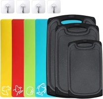 3Pcs Plastic Cutting Board and 4Pcs Flexible Cutting Board, Cutting Boards for Kitchen/Travel, Black Cutting Board and Coloured Cutting Board Set with 4 Hooks, Dishwasher Safe