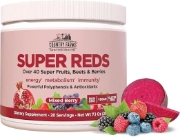 COUNTRY FARMS Super Reds, Energizing Polyphenol Superfood, 48 Super Fruits and Berries, Powerful Antioxidants and Polyphenols, Supports Energy, 20 Servings, Mixed Berry Flavor