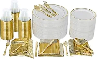 Prestee 600-piece Disposable Party Dinnerware Set for 100 Guests - Gold Dinnerware Sets Disposable with Plates, Cups, Knives, Forks, Spoons - Elegant Reusable Wedding Reception and Events Supplies