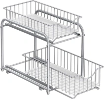 SONGMICS 2-Tier Stackable Cabinet Organizer - Gondola Shelving with 2 Sliding Basket Drawers, Ample Storage for Kitchen and Bathroom, Space-Saving Design, Easy Assembly, Metallic Silver UKCS017E01