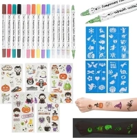 Temporary Tattoo Markers for Skin, 15 Body Markers + 4 Large sheets Tattoo Stencils & 5 sheets Glow In the Dark Stickers for Kids and Adults, Dual-End Tattoo Pens