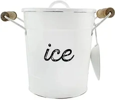 AuldHome Rustic Enamelware Ice Bucket; White Farmhouse Style Insulated Ice Server