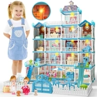 JoyStone Doll House for Girls, 5-Story 19 Rooms Huge Dollhouse Playset with LED Lights, 2 Dolls, Furnitures, Accessories, DIY Pretend Play Toys Gifts for Kids, Blue