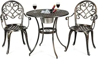 Giantex 3pcs Bistro Table Set Cast Aluminum Outdoor Patio Furniture Set Round Table W/Removable Ice Bucket, 2 Chairs Antique Garden Furniture Weather Resistant (Antique Bronze)