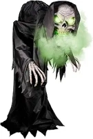 Haunted Hill Farm Motion-Activated Hunched Skeleton Reaper by Tekky, Talking Halloween Animatronic for Indoor or Covered Outdoor Creepy Halloween Decorations, Plug-in or Battery Operated Fright Props