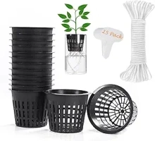 ORIMERC 25 Pack 3 inch Net Cup Pot with 25 feet Hydroponic Self Watering Wick & 25 Pcs Plant Label Aquaponics Mason Jar Insert Orchid Rimmed Netted Basket Slotted Mesh Garden kratky Growing Vegetable