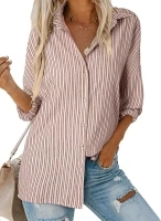 Astylish Women Oversized Striped Shirt Button Down Blouse Casual V Neck Long Sleeve Linen Tops