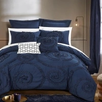 BEDAZZLED Floral Ruffle Comforter Set King Size, 7 Pieces Navy Blue Chic Farmhouse Comforter Textured Bed in a Bag All Season (Navy Blue,King)