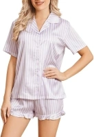 Satin Pajama Set for Women 2 Pj Set Short Sleeve Sleepwear Soft Silk Pjs for Women Set Button Down Loungewear Set