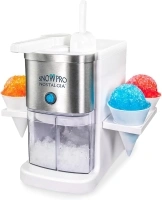 Nostalgia SnowPro Electric Shaved Ice & Snow Cone Maker 64-Ounce Ice Shaving Capacity, 4 Reusable Cones, Side Shelves, and Scoop Included