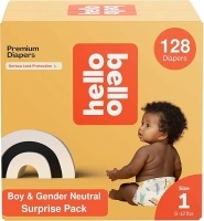 Hello Bello Premium Diapers, Size 1 (8-12 lbs) Surprise Pack for Boys, 128 Count, Hypoallergenic with Soft, Cloth-Like Feel, Boy and Gender Neutral Patterns