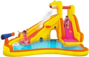 Baby Shark Bounce House with Slide Wet or Dry, Pink Fong Inflatable Water Slide, Party Outdoor Curve Waterslide Fun, Kids Backyard Water Park, Includes Water Sprayer, Pool & Blower