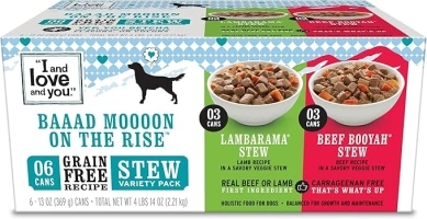 I and love and you Wet Dog Food - Baad Mooon On The Rise Variety Pack - Beef + Lamb, Grain Free, Filler Free 13oz can, 6pk